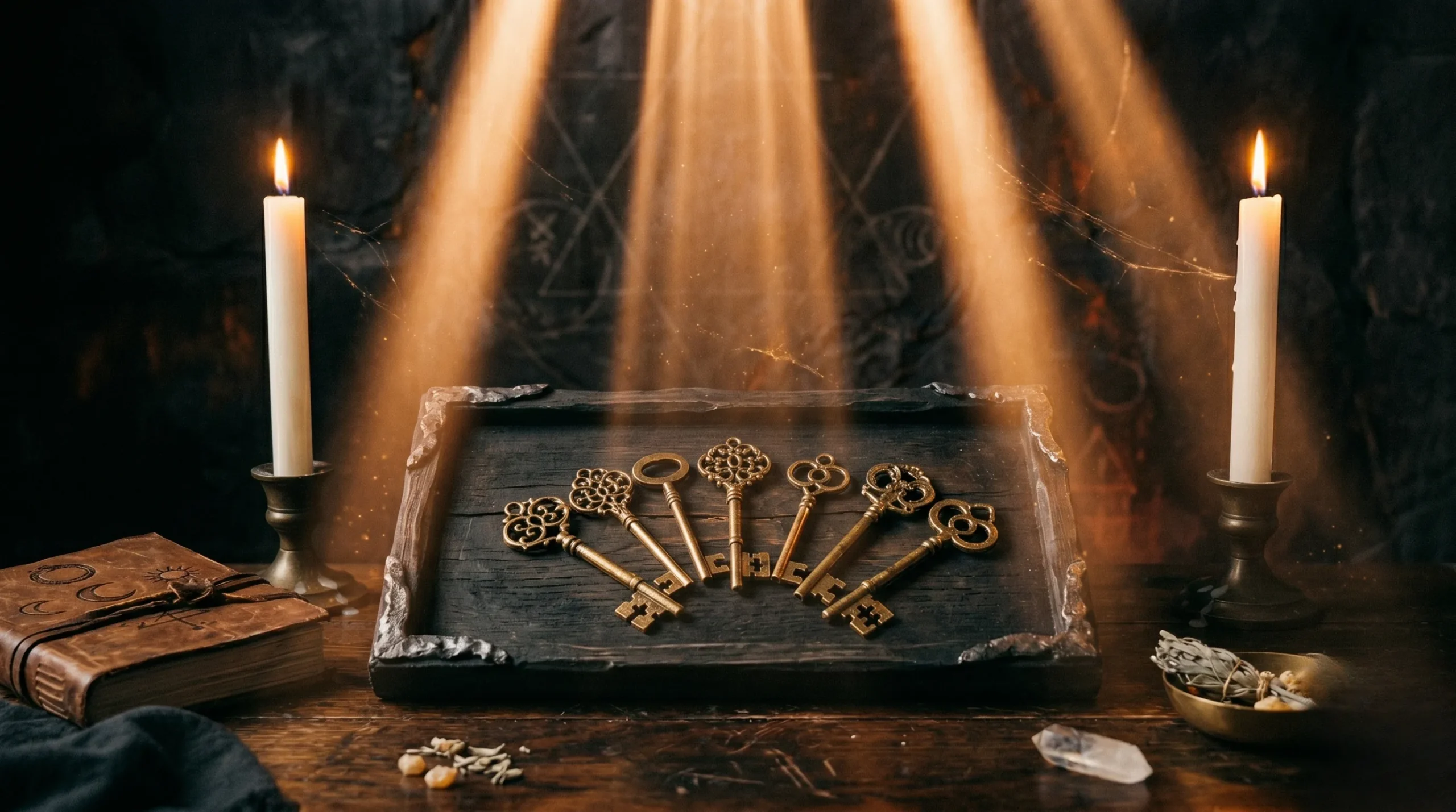 Quatre piliers de lumière s'élevant dans une pièce sombre et luxueuse. 444 signification