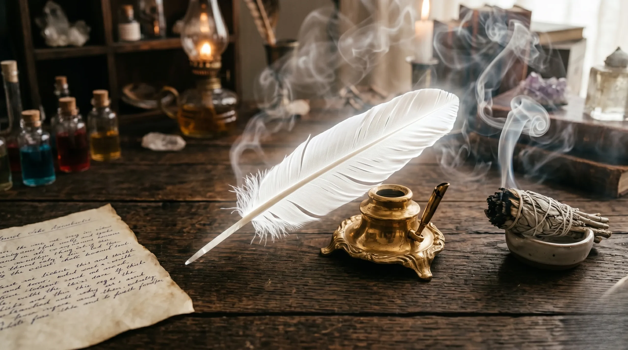 Plume d'albâtre et encrier d'or sur un bureau ancien, évoquant l'ange Gabriel.