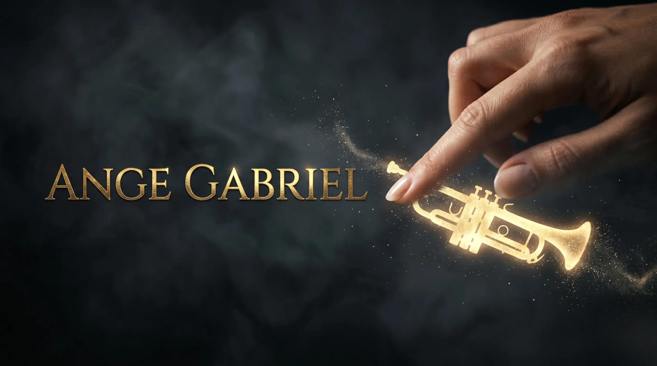 Silhouette d'une trompette dorée dans la brume avec le titre 'ANGE GABRIEL'.