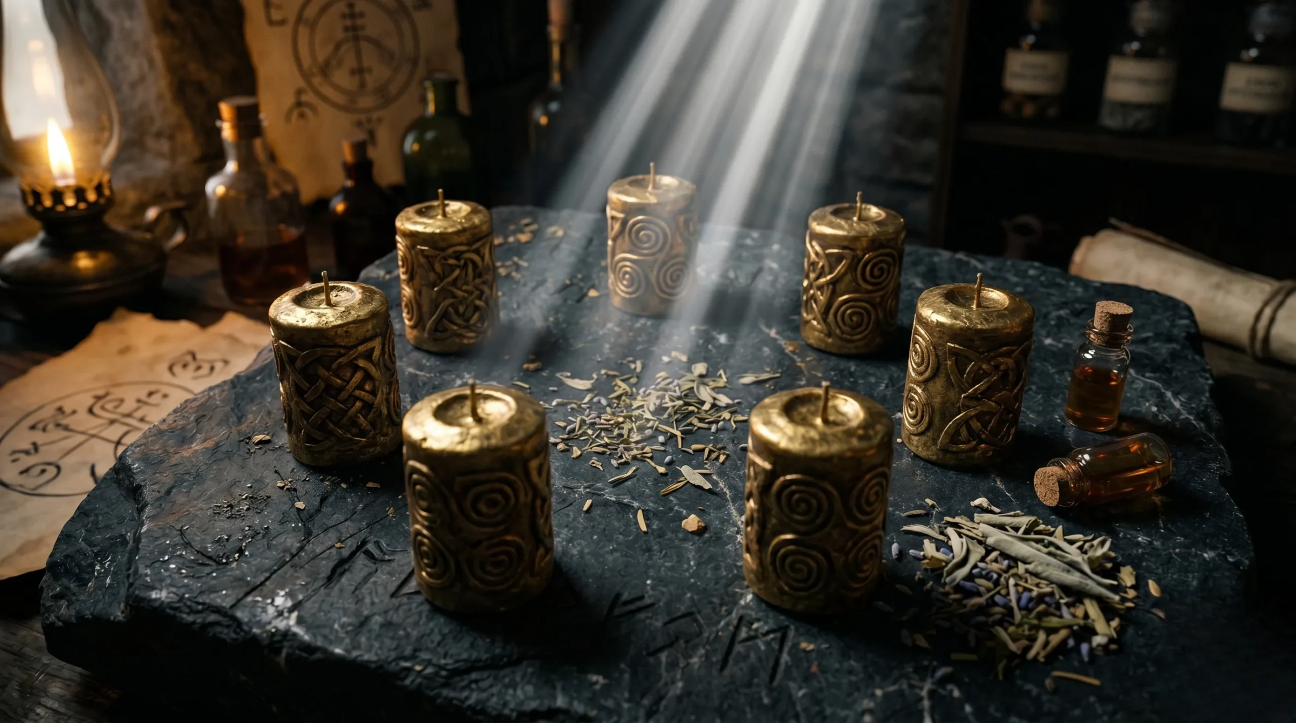 Cercle de sept bougies dorées créant un espace de protection sacré. Archange