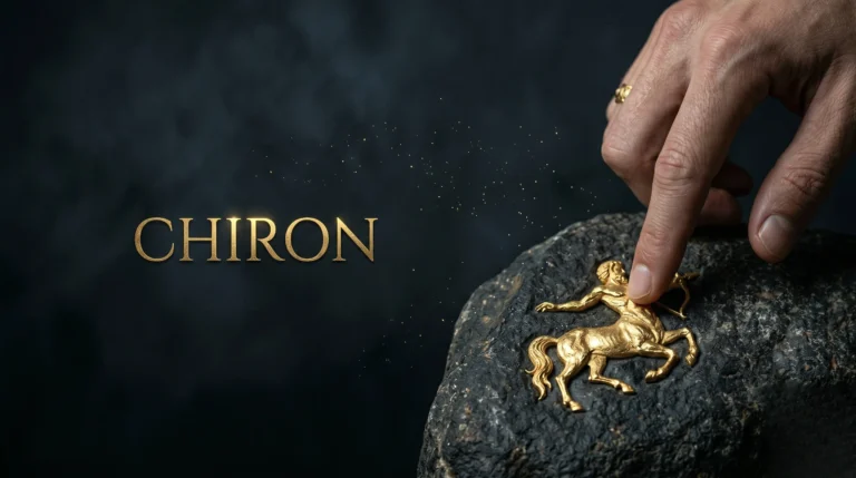 Main touchant un symbole de centaure doré avec le titre 'CHIRON' en or.