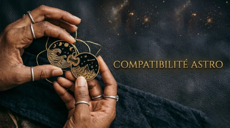 Mains assemblant deux jetons astrologiques avec le titre 'COMPATIBILITÉ ASTRO'.
