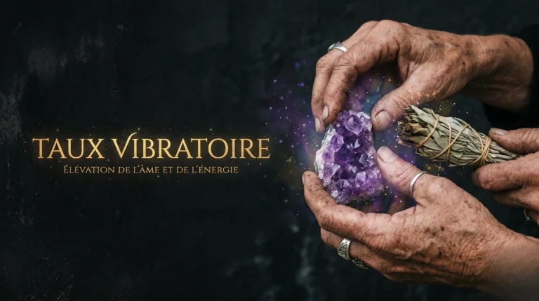 Gros plan sur des mains manipulant des outils sacrés avec le texte Taux Vibratoire écrit en lettres d'or élégantes.