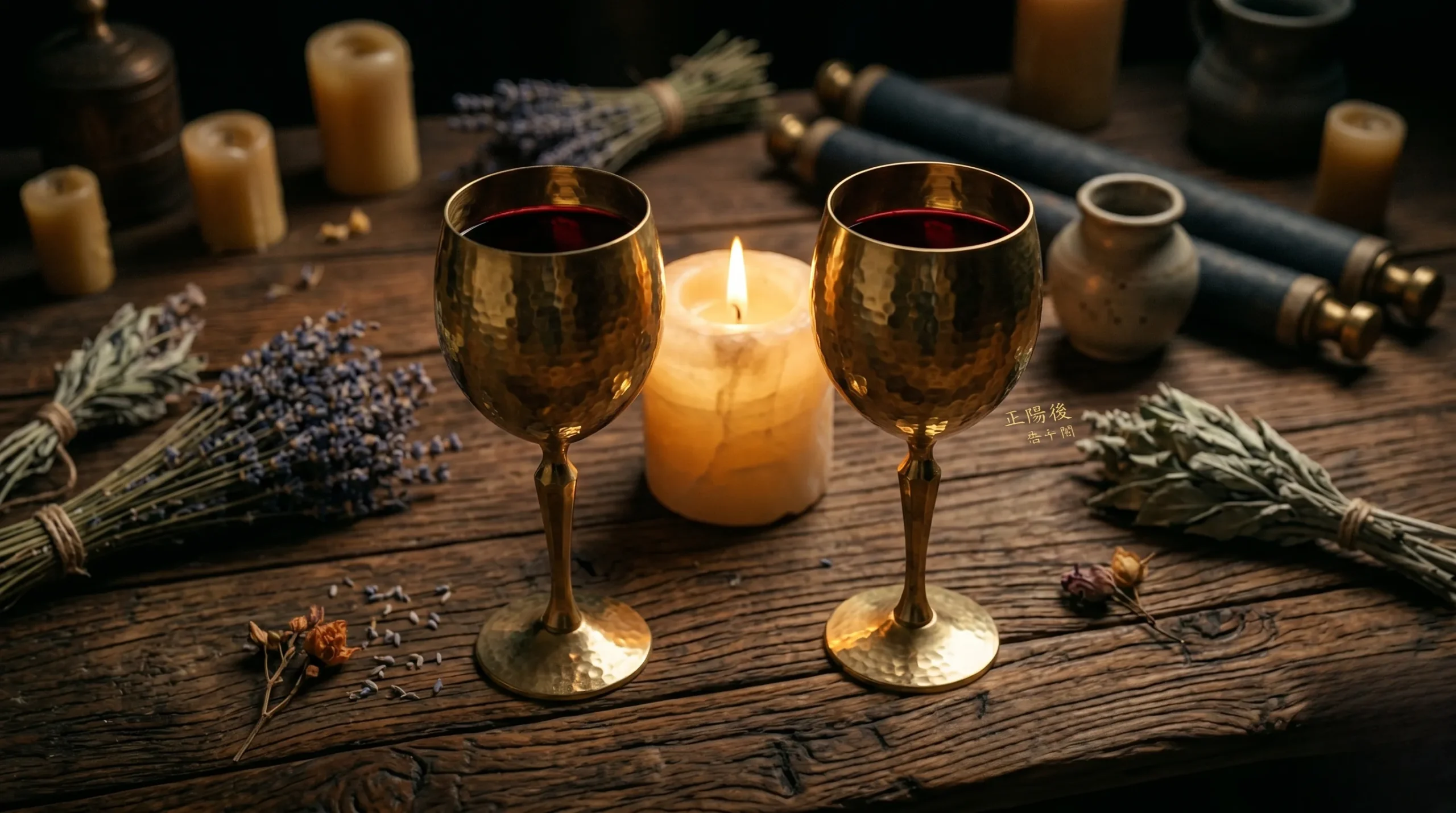 Deux verres dorés sur une table sombre, ambiance romantique et mystique. Avenir amoureux avec une personne