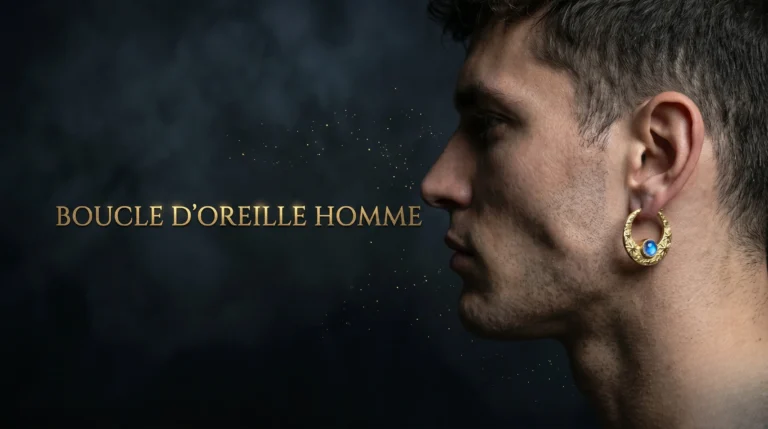 Profil masculin avec boucle d'oreille dorée et texte 'BOUCLE D'OREILLE HOMME'.