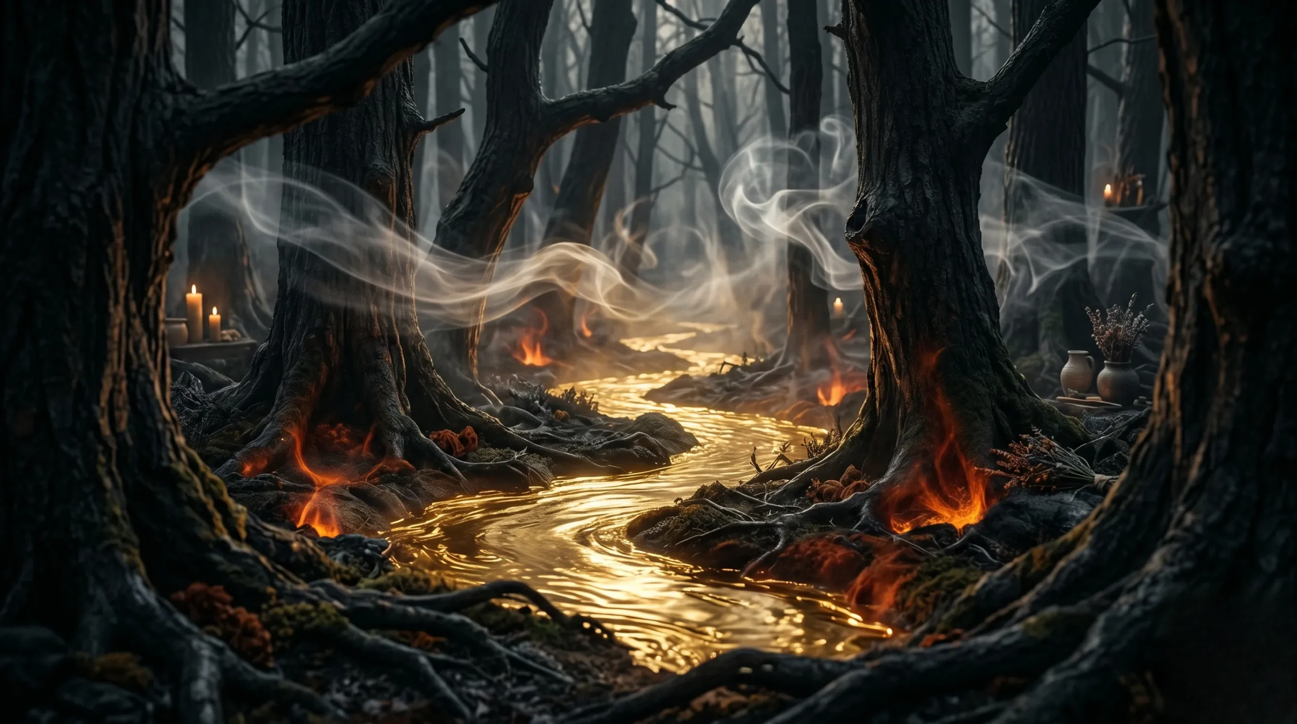 Sentier lumineux doré traversant une forêt sombre et mystique. Chemin de vie