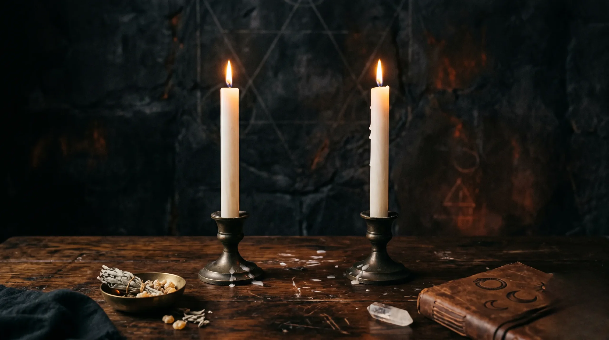 Deux bougies d'albâtre allumées sur un autel en bois sombre symbolisant le chiffre 2.