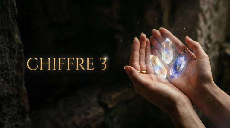 Trois cristaux lumineux disposés en triangle avec le titre 'CHIFFRE 3' en lettres d'or.