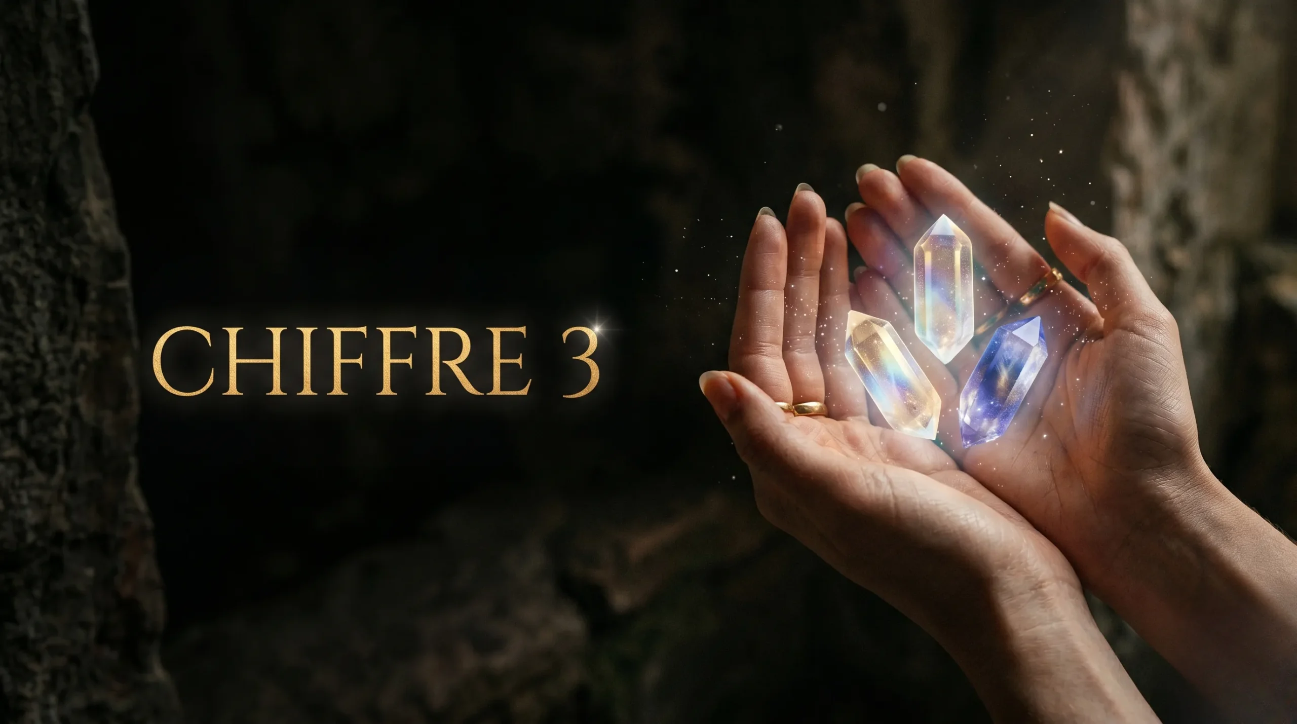 Trois cristaux lumineux disposés en triangle avec le titre 'CHIFFRE 3' en lettres d'or.