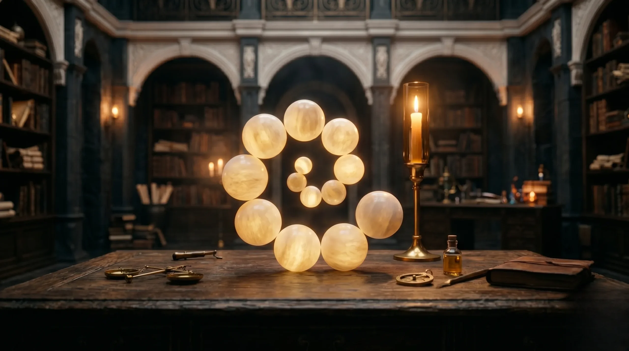 Spirale de neuf sphères d'albâtre sur bois sombre évoquant la sagesse du chiffre 9. chiffre 9 signification