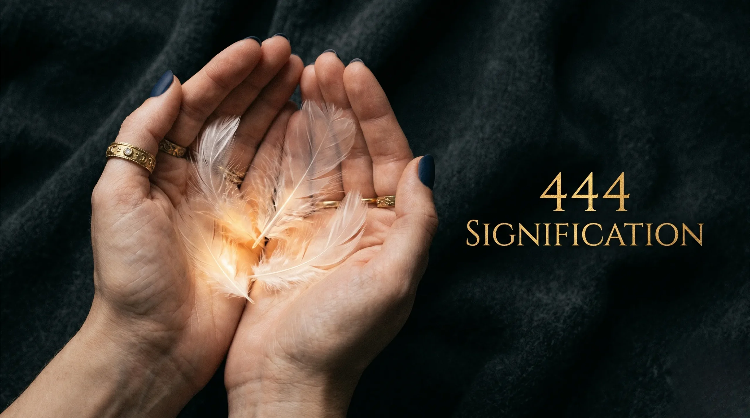 Mains tenant quatre plumes lumineuses avec le texte doré '444 SIGNIFICATION'.