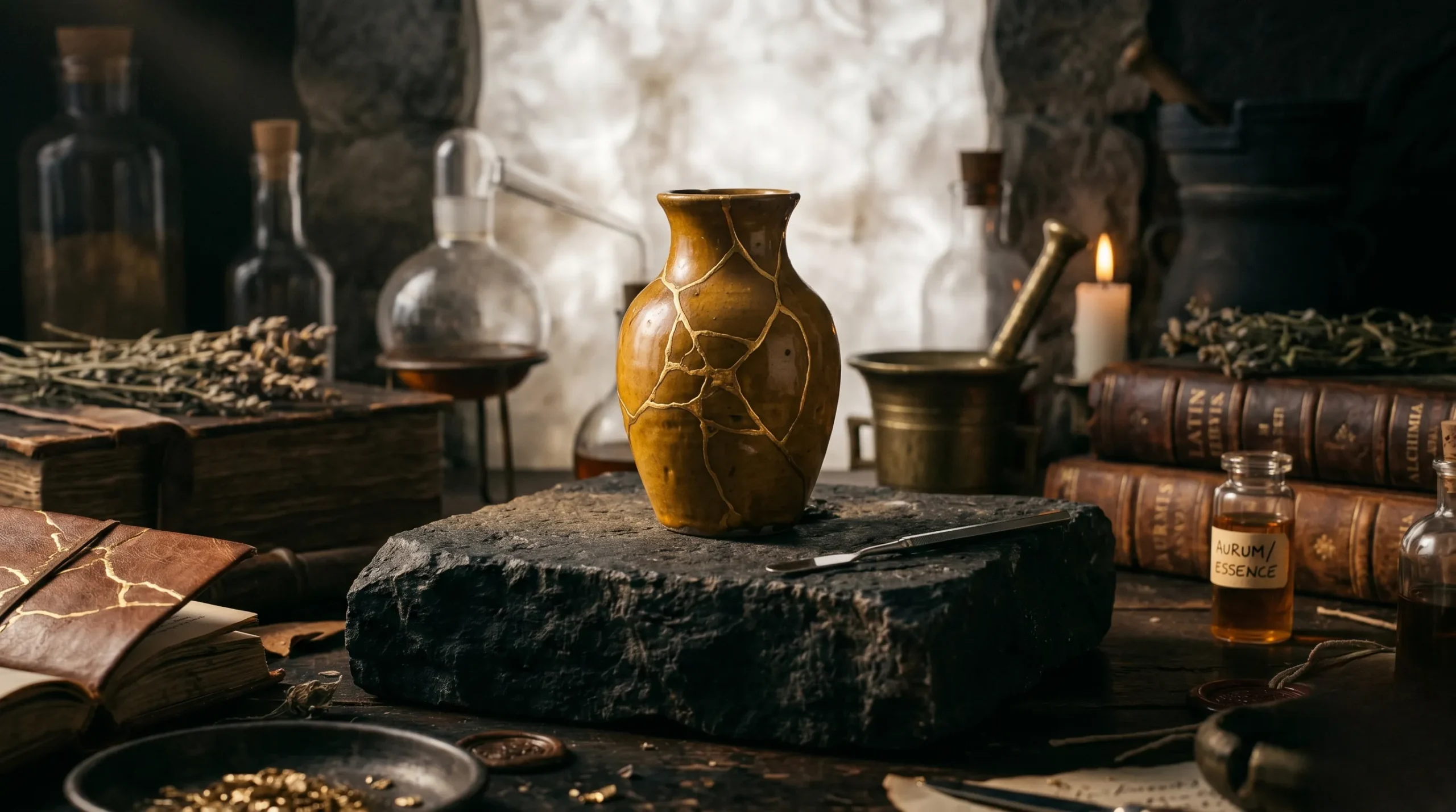 Vase réparé à l'or style kintsugi symbolisant la guérison de Chiron.
