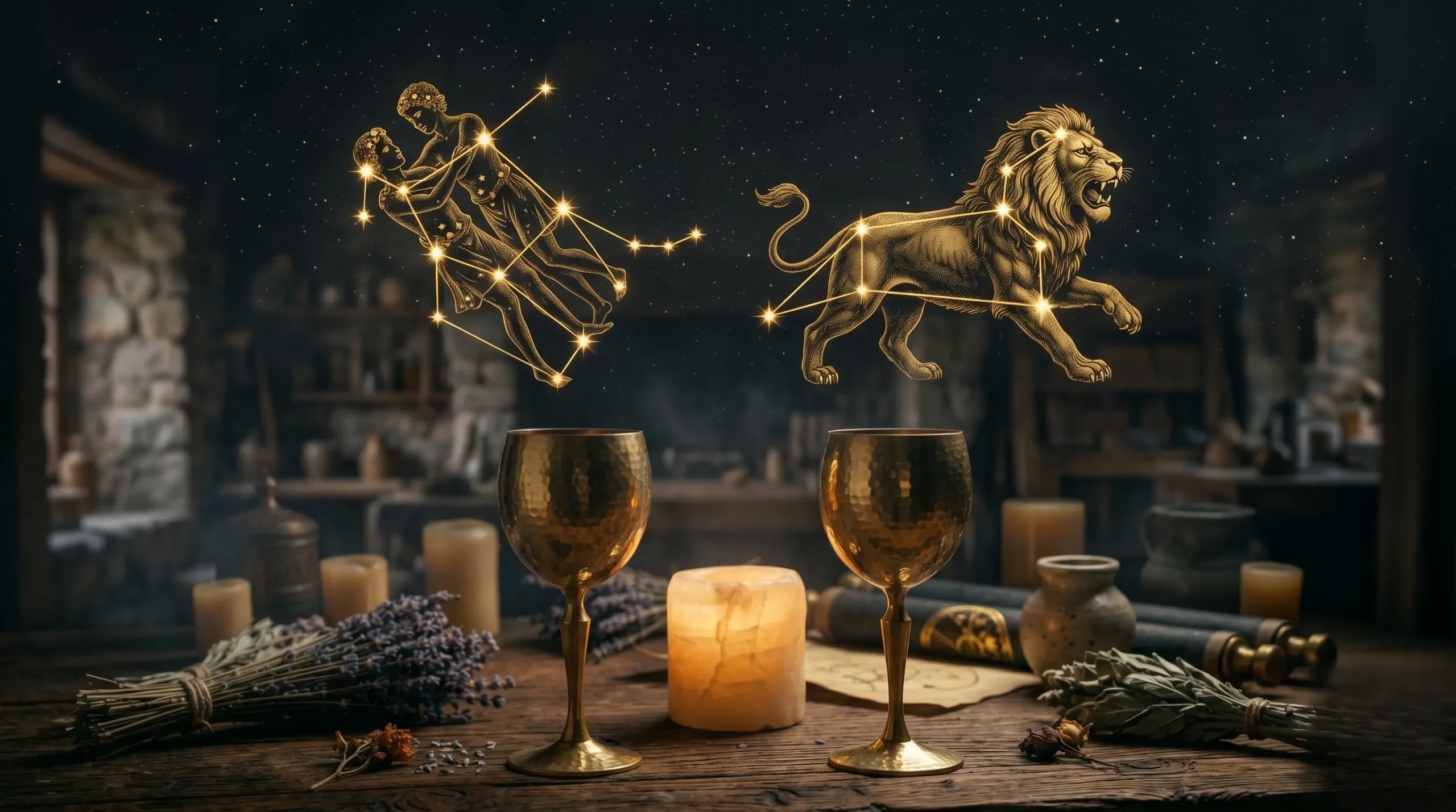 Deux constellations zodiacales dorées brillant dans un ciel anthracite. compatibilité signe astro