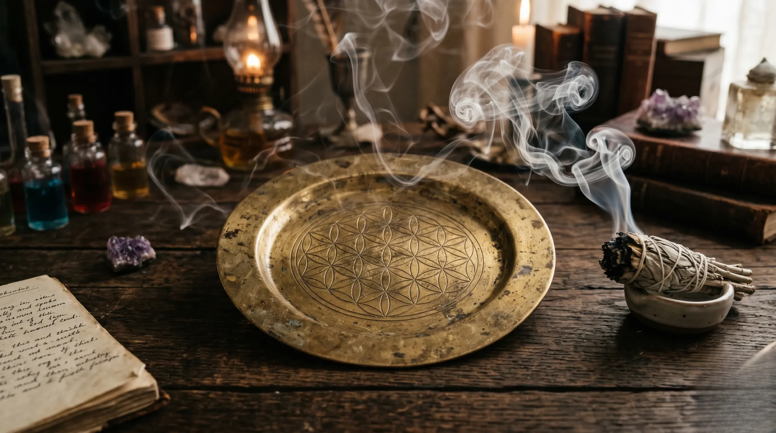 Symbole de la Fleur de Vie gravé sur une plaque d'or avec de la fumée de sauge.
