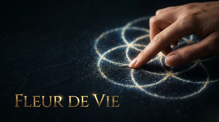 Main traçant une Fleur de Vie en poussière d'étoiles dorée sur fond sombre.