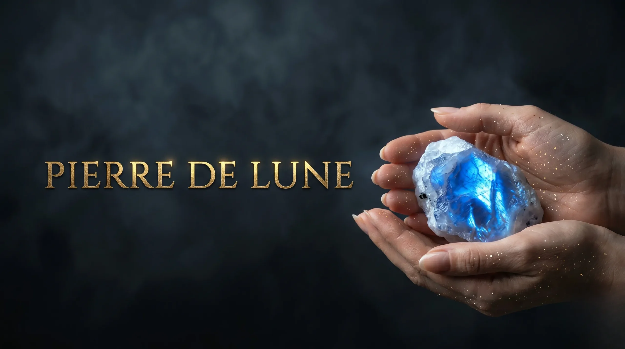 Mains tenant une pierre de lune brute avec le titre doré 'PIERRE DE LUNE'.