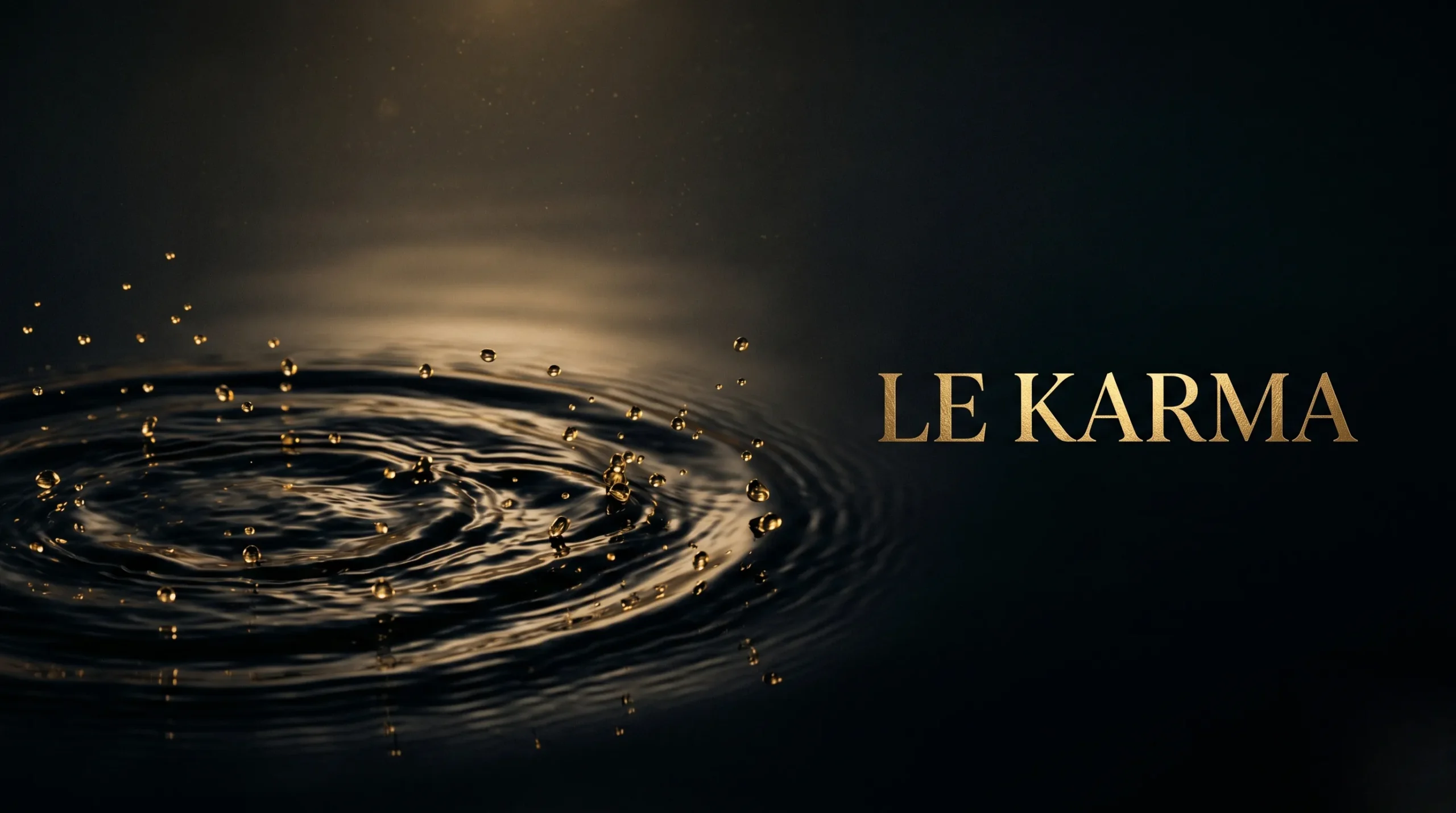 Ripples dans l'eau sombre avec gouttes dorées et titre 'LE KARMA'.