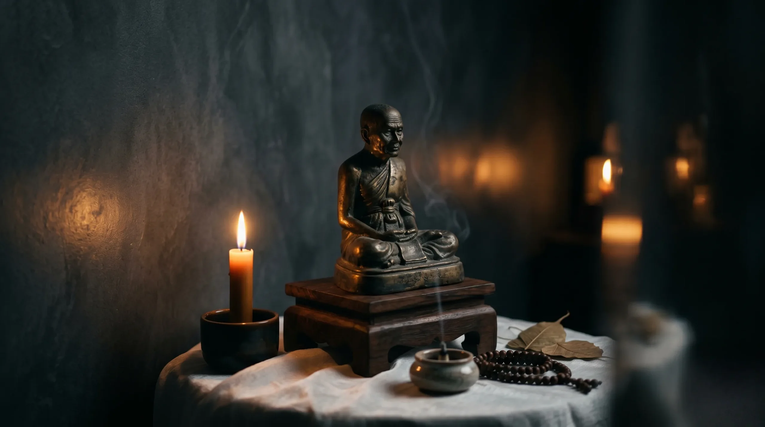 Statue de Luang Por en bronze dans une pièce sombre luxueuse avec éclairage à la bougie et reflets dorés.