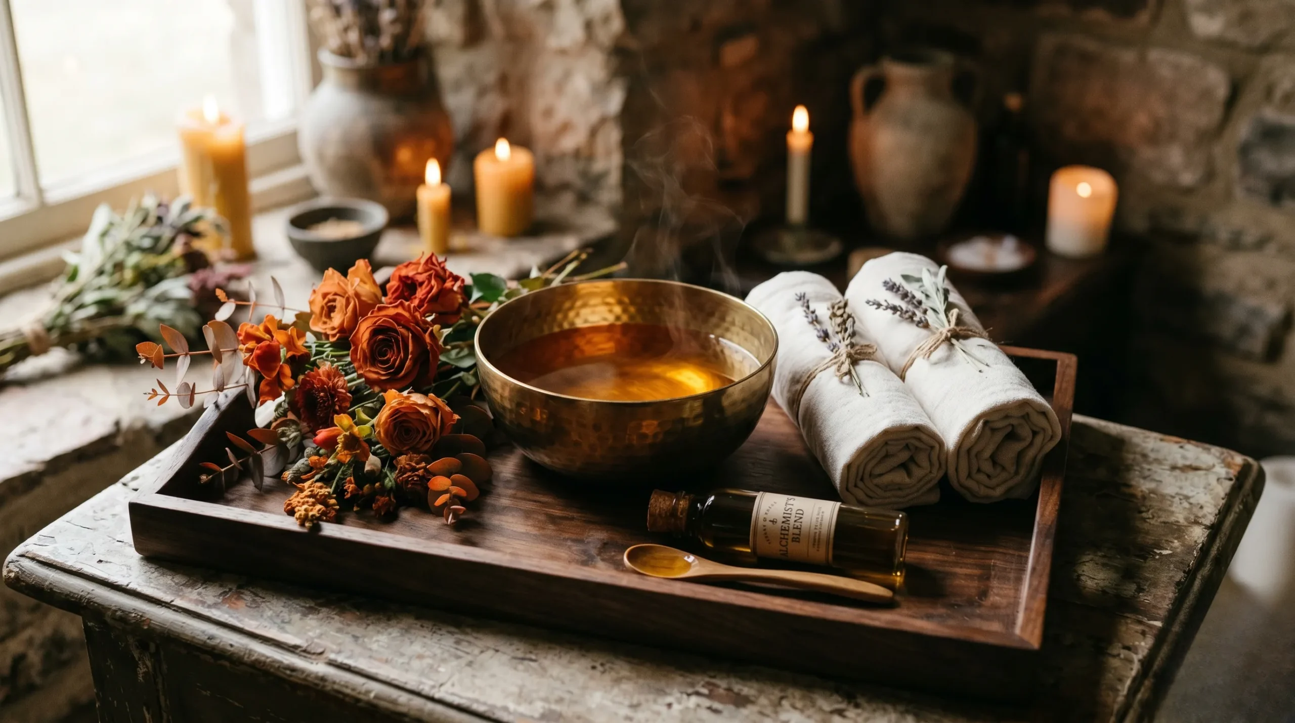 Bol d'huile dorée et serviettes d'albâtre pour un massage ayurvédique sacré. massage ayurvédique