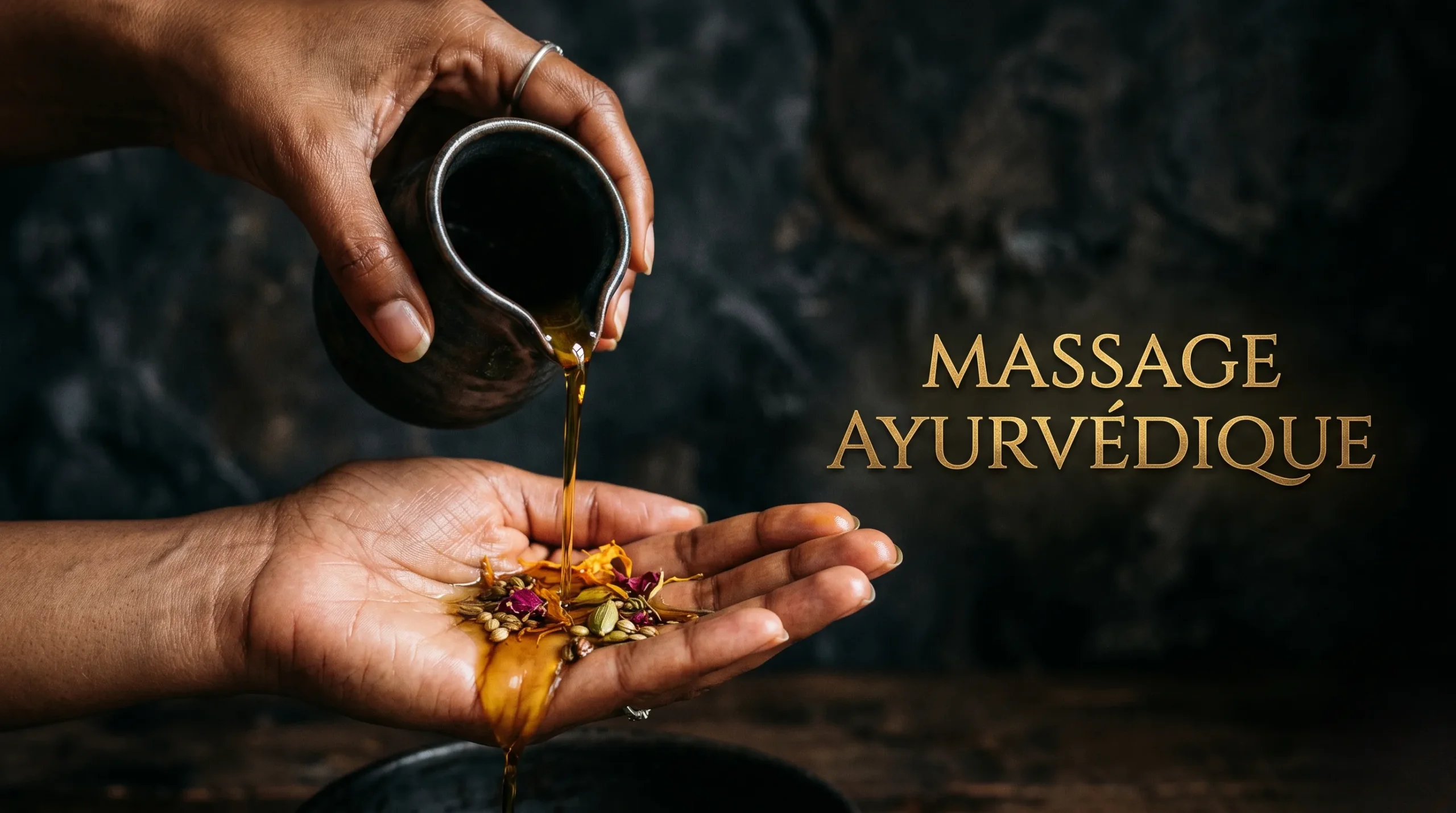 Mains versant de l'huile ayurvédique dorée sur un fond sombre texturé.