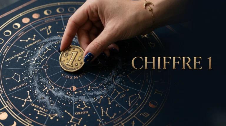 Main manipulant un jeton doré portant le chiffre 1 sur une carte céleste sombre.
