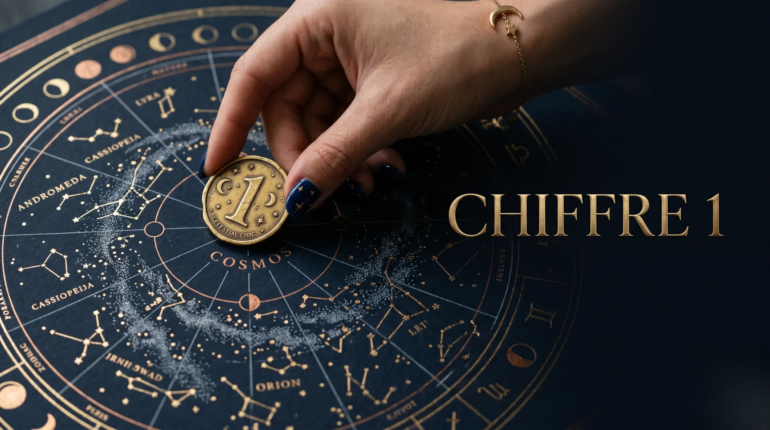 Main manipulant un jeton doré portant le chiffre 1 sur une carte céleste sombre.