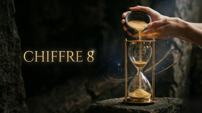 Mains versant du sable doré dans un sablier pour illustrer le chiffre 8 et le karma.