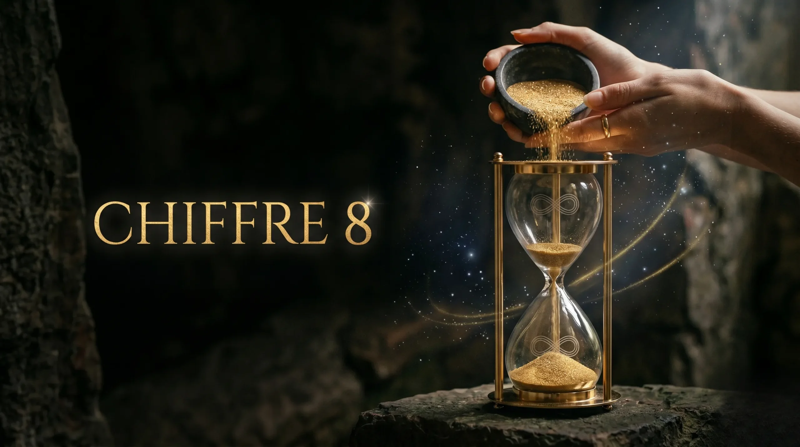 Mains versant du sable doré dans un sablier pour illustrer le chiffre 8 et le karma.