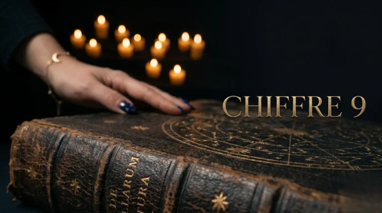 Composition poétique avec neuf bougies et texte 'CHIFFRE 9' en feuille d'or.