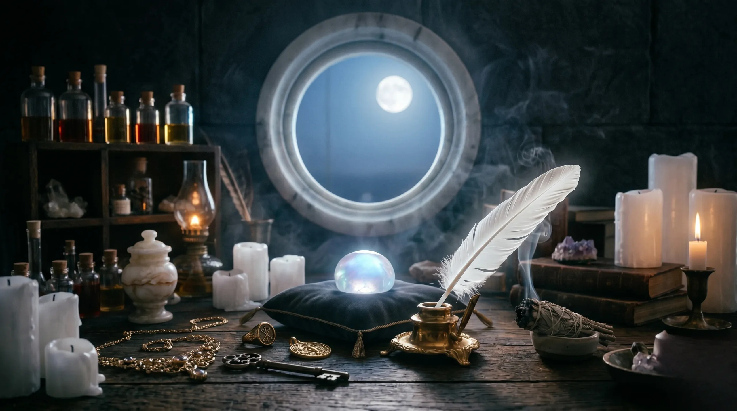 Pierre de lune luminescente sur un coussin de velours anthracite.