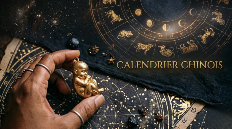 Main tenant une breloque dorée au-dessus d'un calendrier lunaire avec texte 'CALENDRIER CHINOIS'.