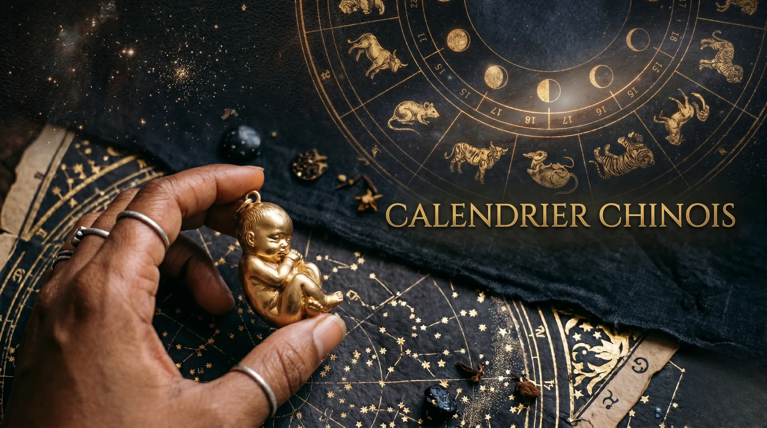 Main tenant une breloque dorée au-dessus d'un calendrier lunaire avec texte 'CALENDRIER CHINOIS'.