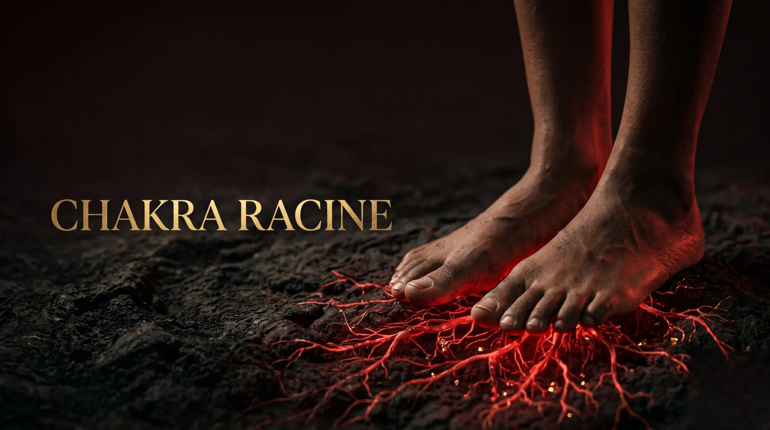 Ancrage au sol avec racines lumineuses rouges et texte 'CHAKRA RACINE' doré.