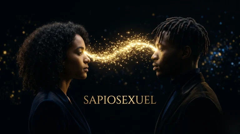 Profils symboliques connectés par des étincelles dorées avec le mot 'SAPIOSEXUEL'.