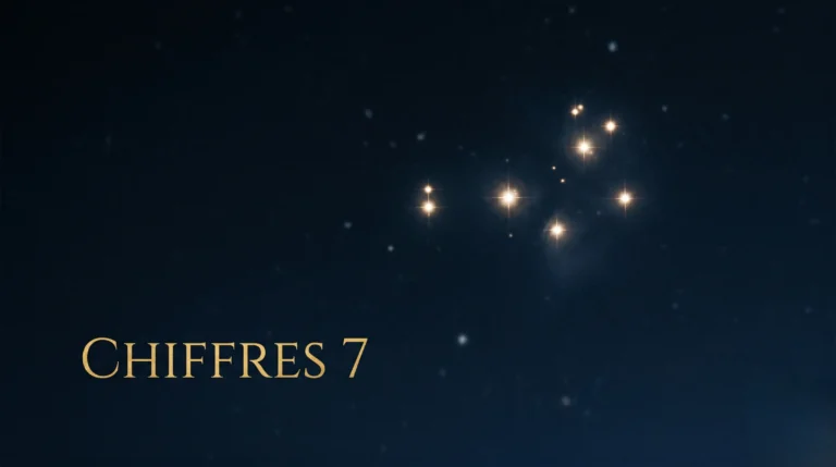 Sept points lumineux formant une constellation avec le titre 'CHIFFRES 7' en or.