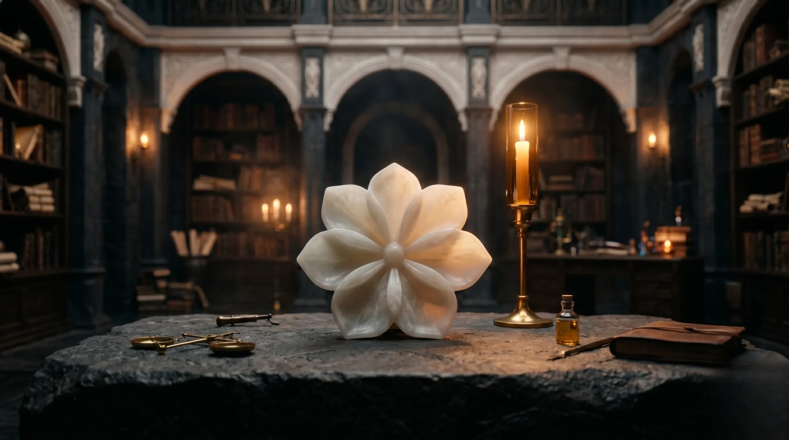 Fleur d'albâtre à six pétales sur une table en pierre anthracite, éclairage chaleureux. Signification chiffre 6