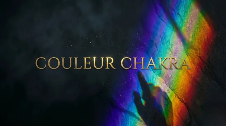 Spectre de couleurs prismatiques sur un mur sombre avec le titre 'COULEUR CHAKRA'.
