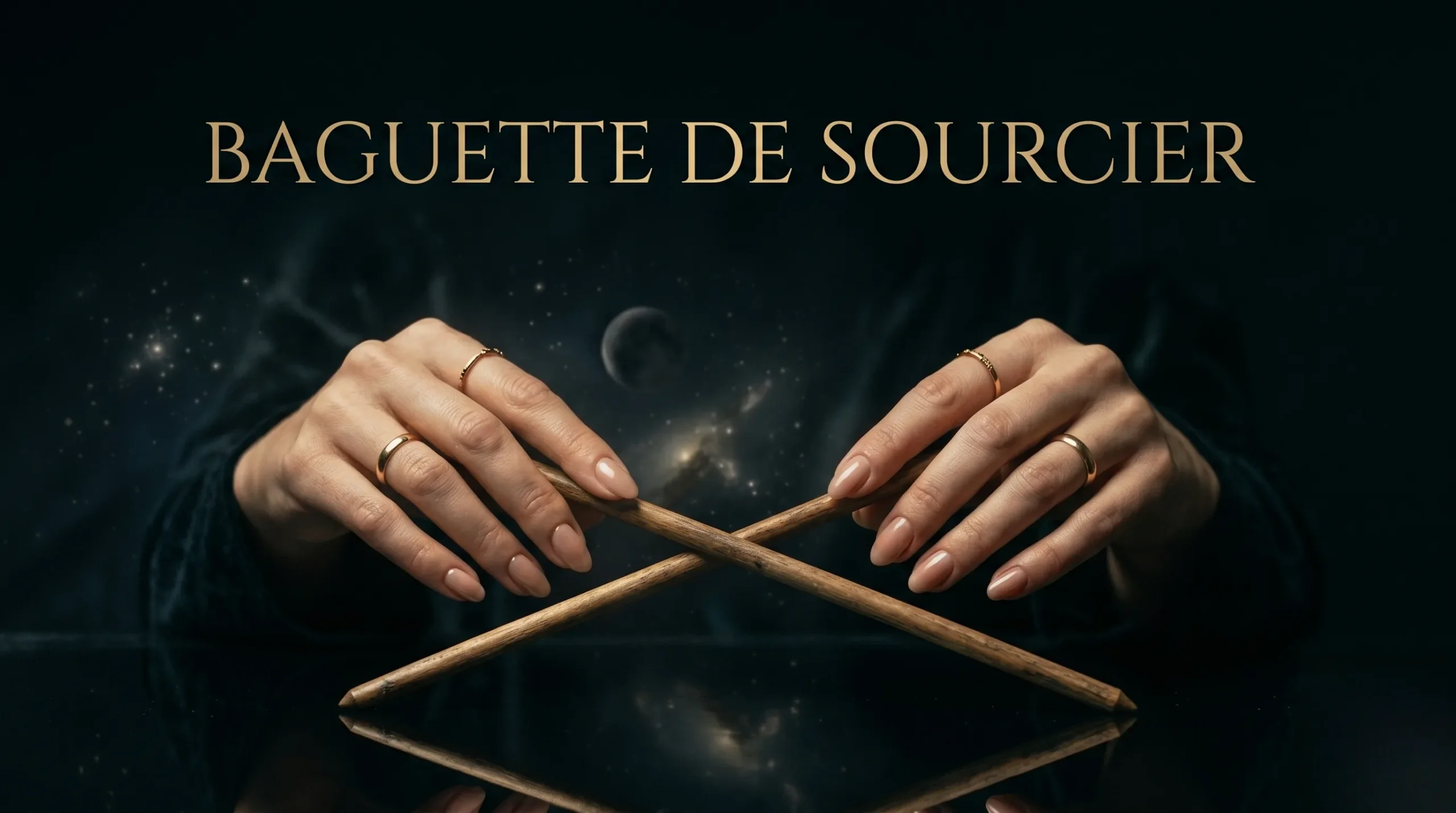 Mains tenant des baguettes de sourcier au-dessus d'une eau sombre avec texte doré.