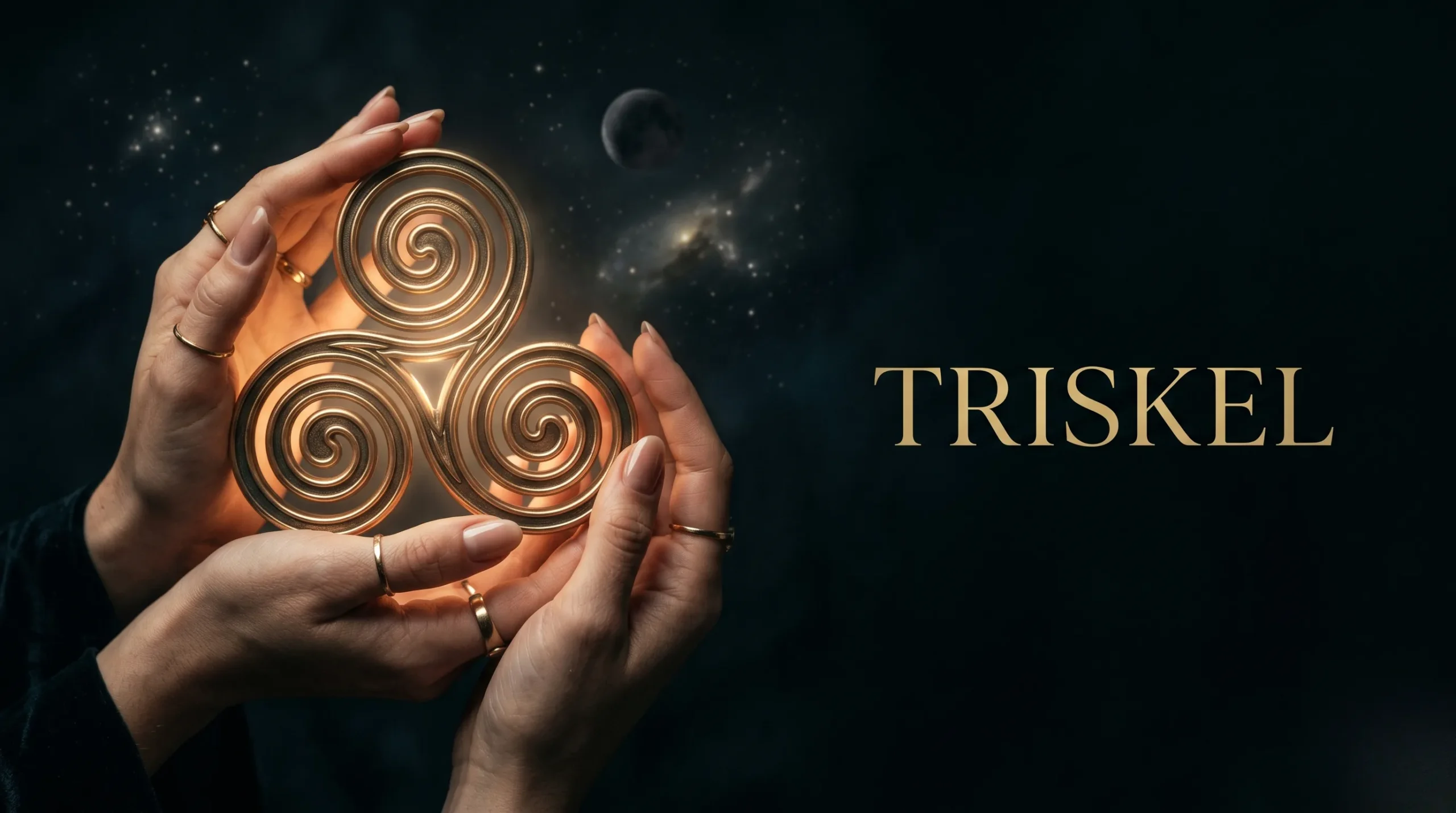 Mains tenant un triskel lumineux avec le mot 'TRISKEL' écrit en lettres d'or.