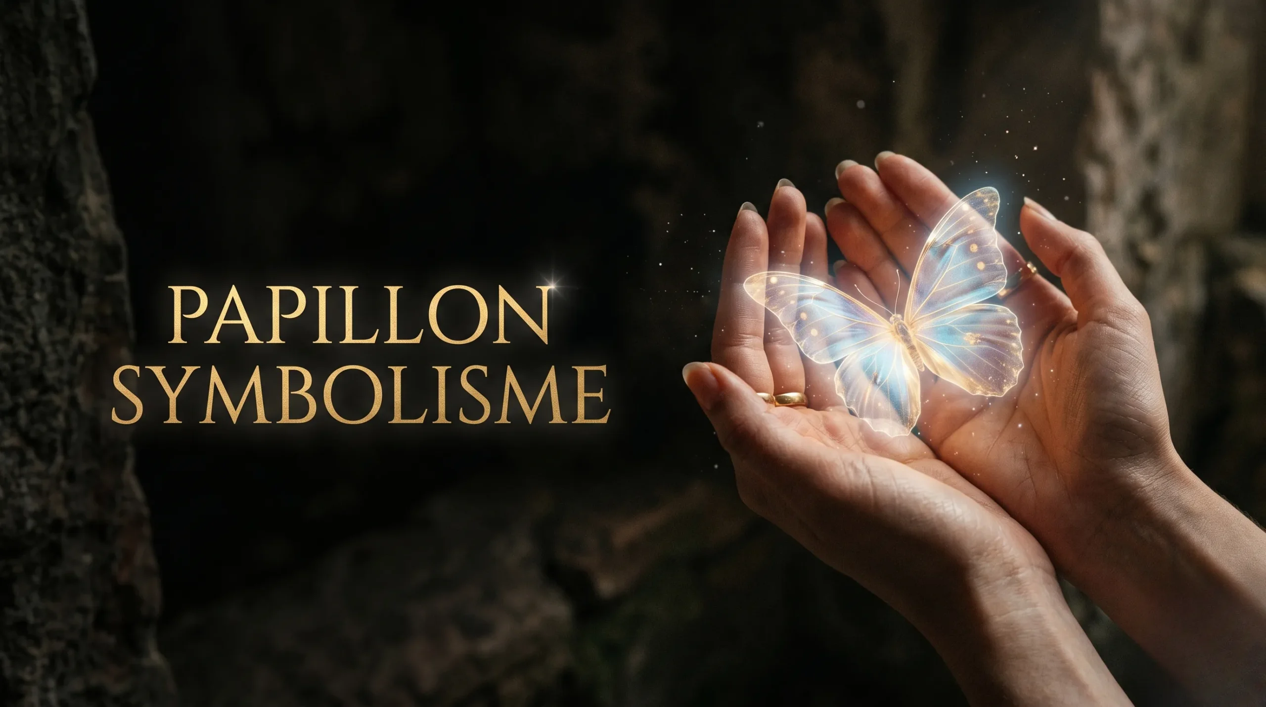 Gros plan sur des mains tenant un papillon lumineux avec un texte doré 'PAPILLON SYMBOLISME'.