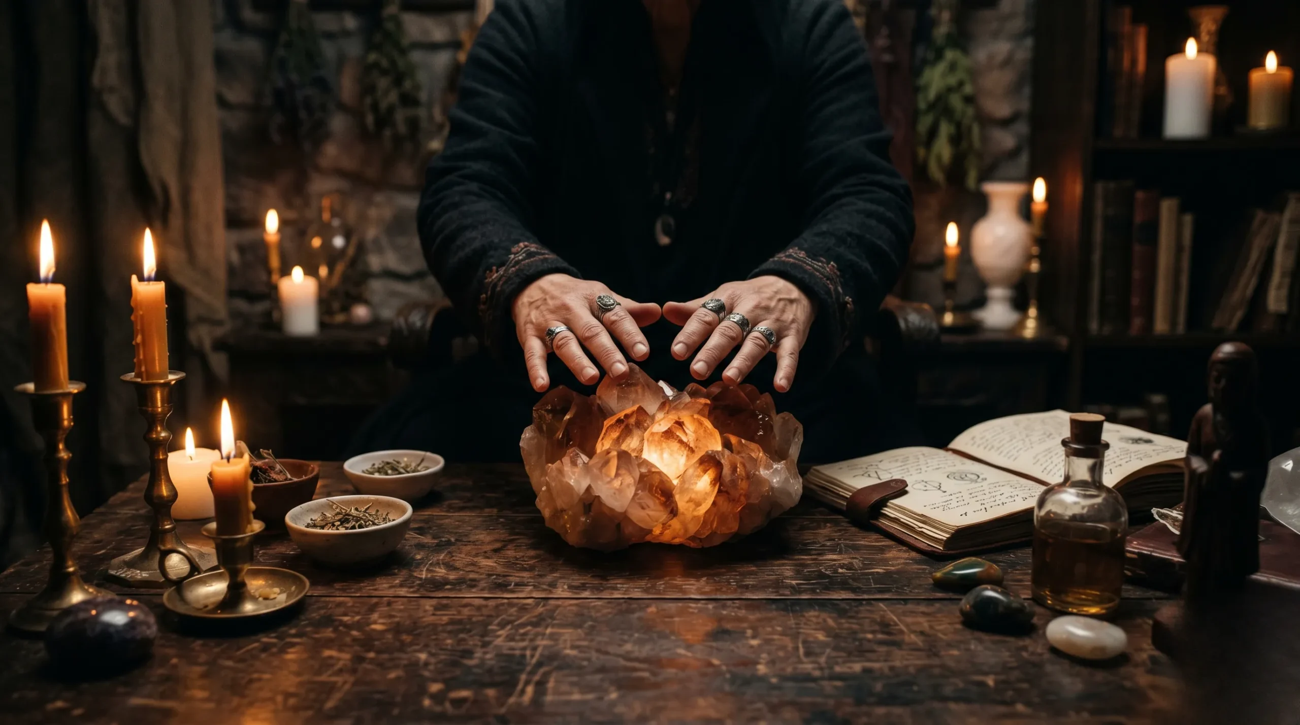 Mains d'un guérisseur au-dessus d'un cristal rayonnant sur un autel en bois sombre, ambiance mystique et chaleureuse. taux vibratoire d'un guerisseur