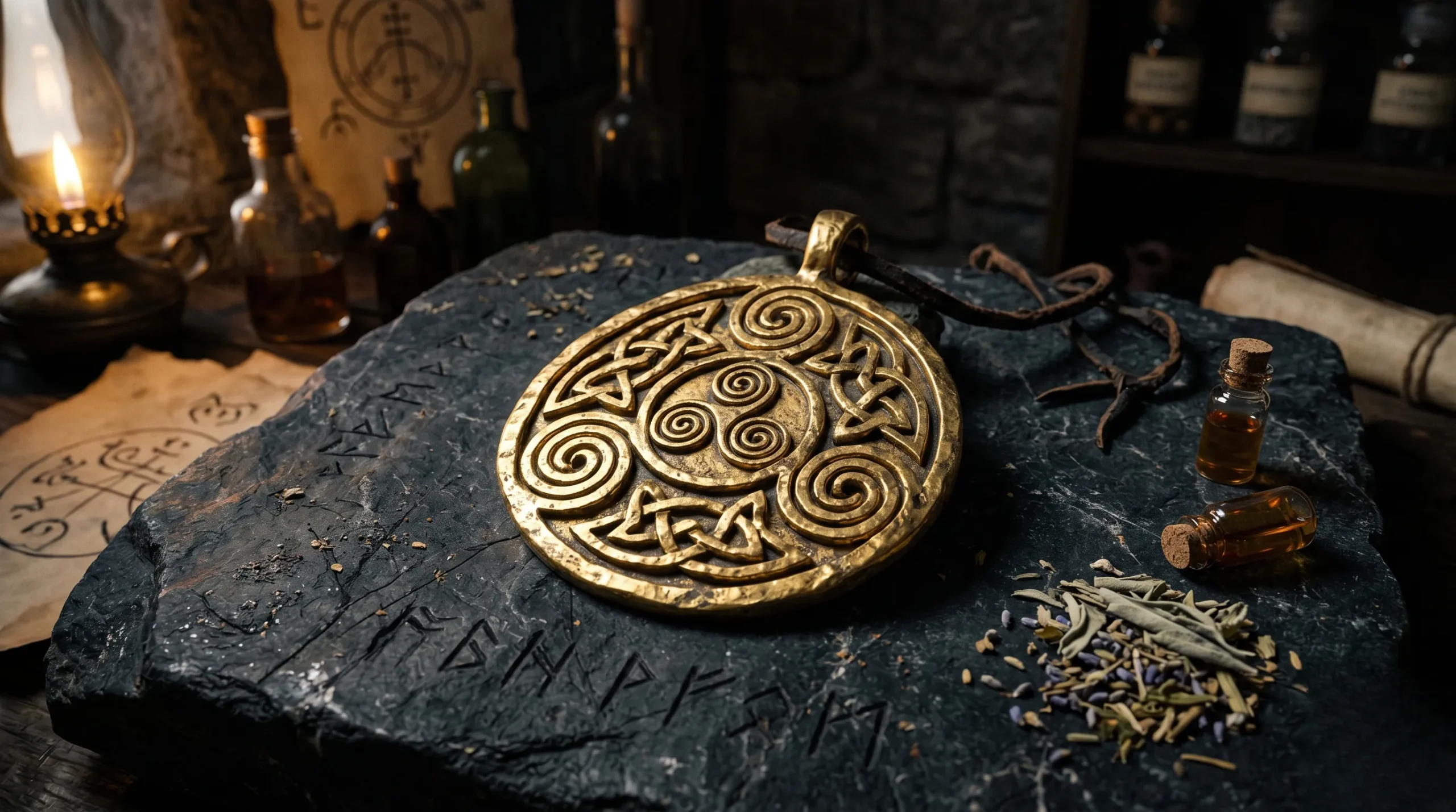 Pendentif triskel en or antique sur une pierre anthracite sombre.