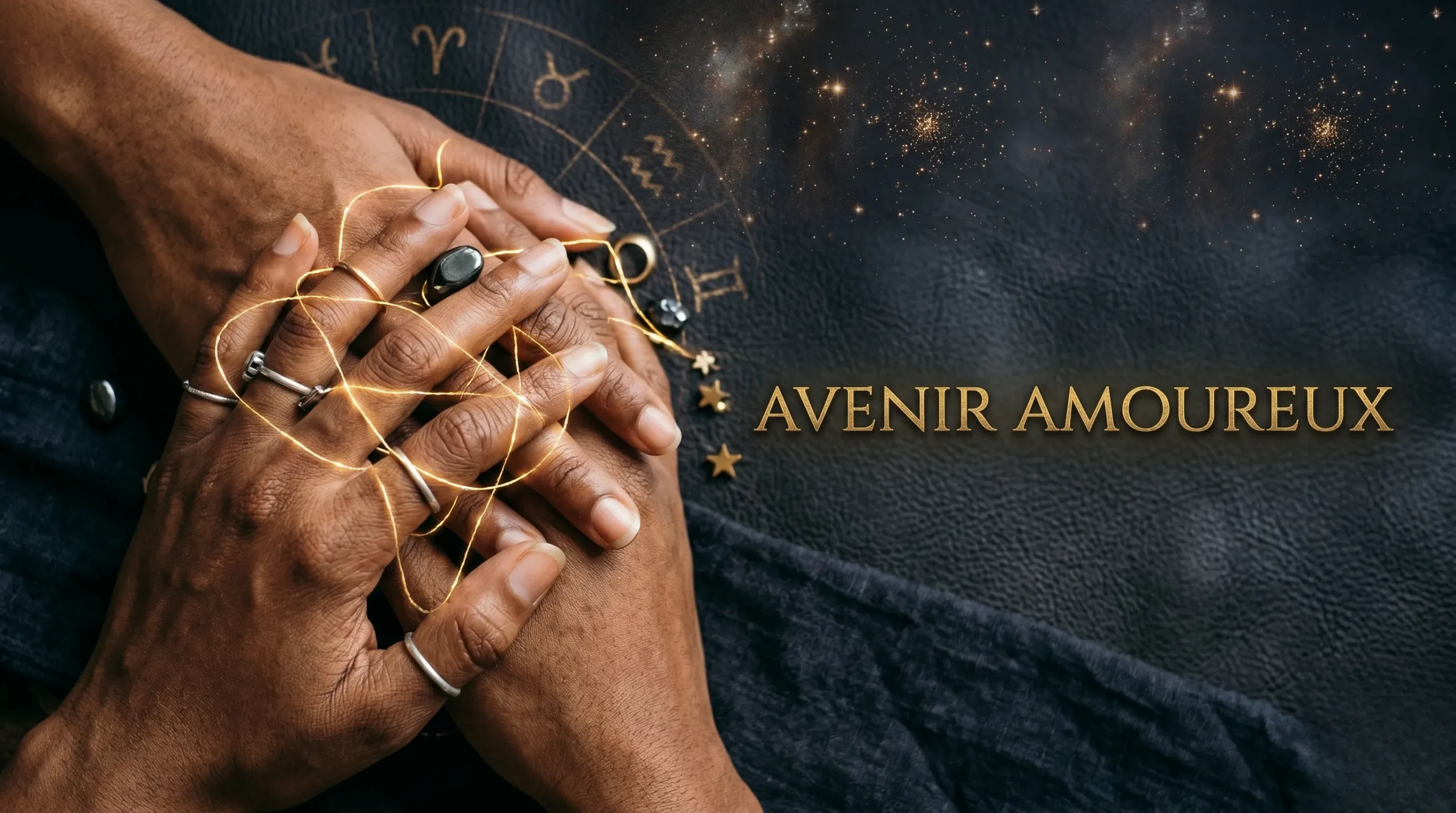 Mains entrelacées liées par des fils d'or avec le titre 'AVENIR AMOUREUX'.