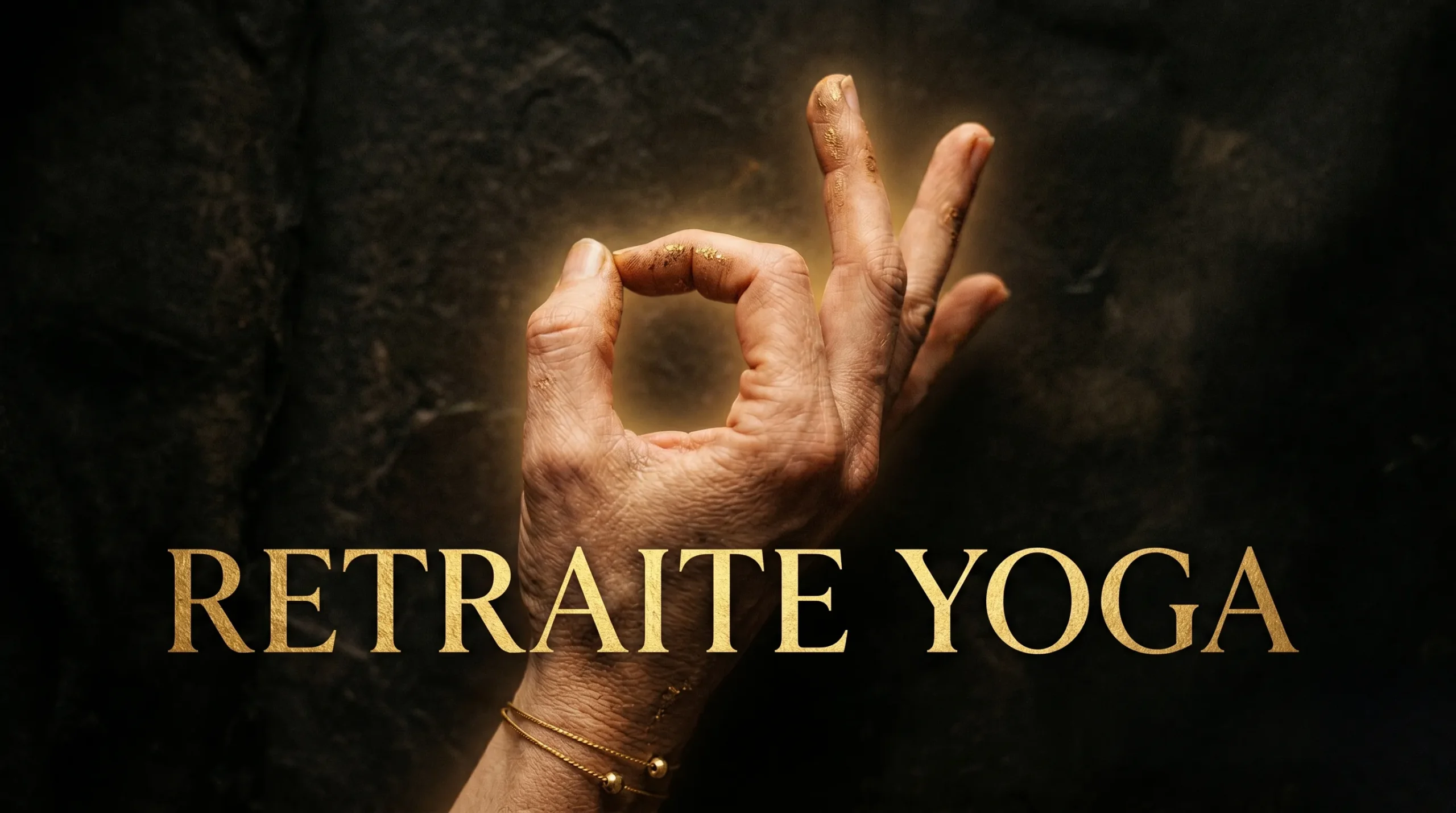 Main en position de mudra avec lumière dorée et texte 'RETRAITE YOGA'.