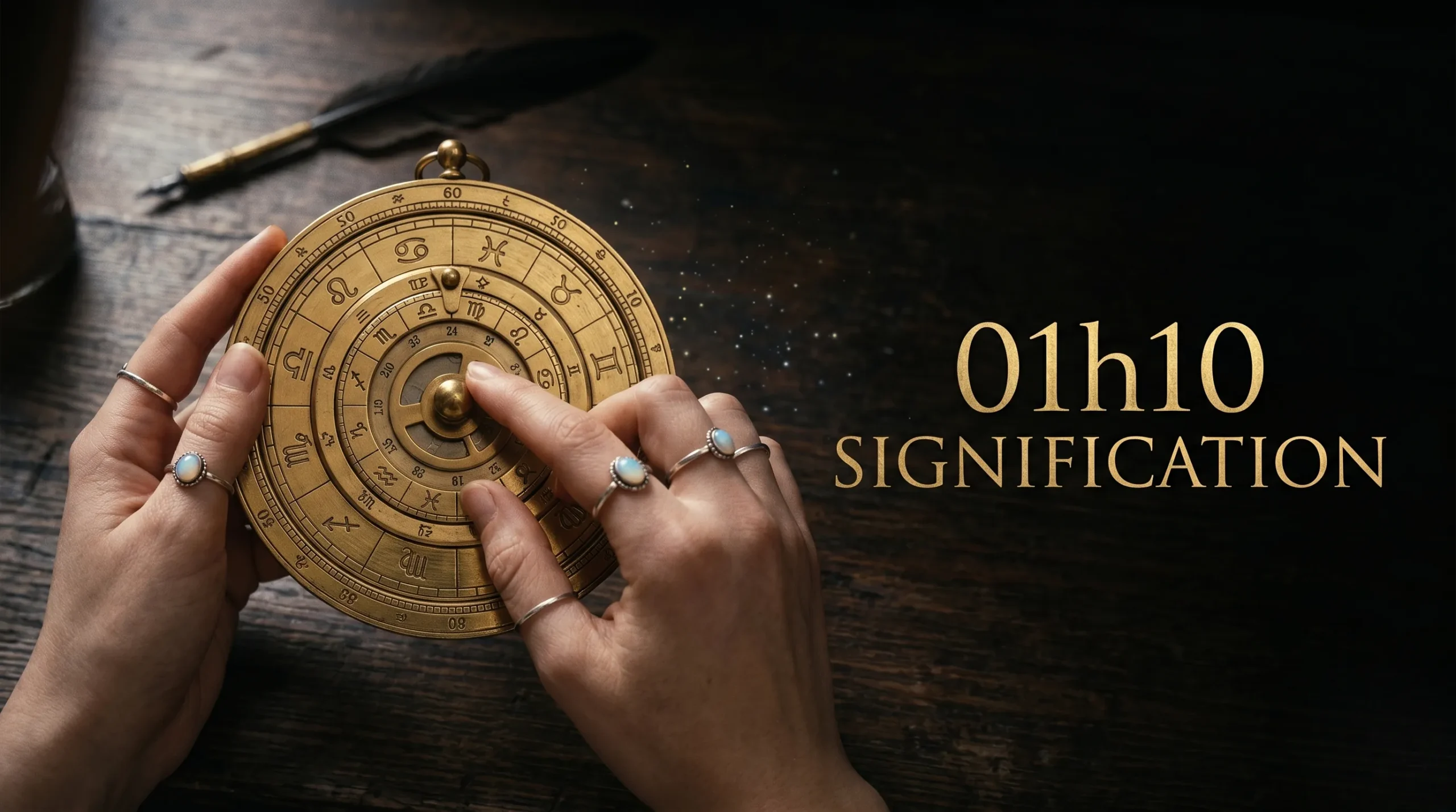 Une roue astrologique dorée dans une mise en scène éditoriale pour la signification de 01h10.