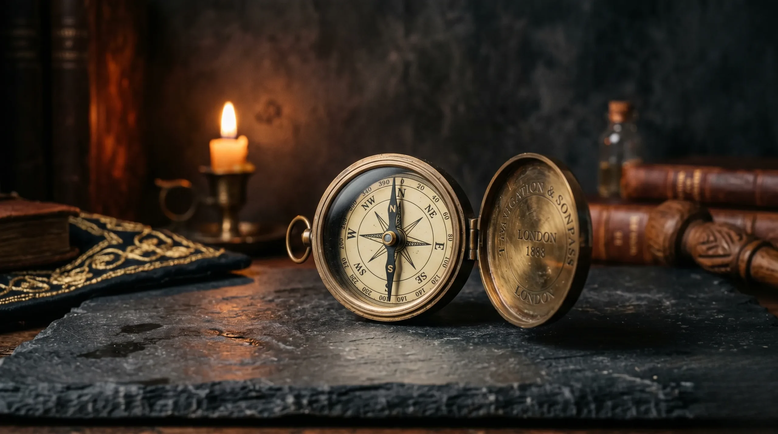 Une boussole antique posée sur une surface sombre, symbolisant le cheminement spirituel lié à 04h40. 04h40 signification