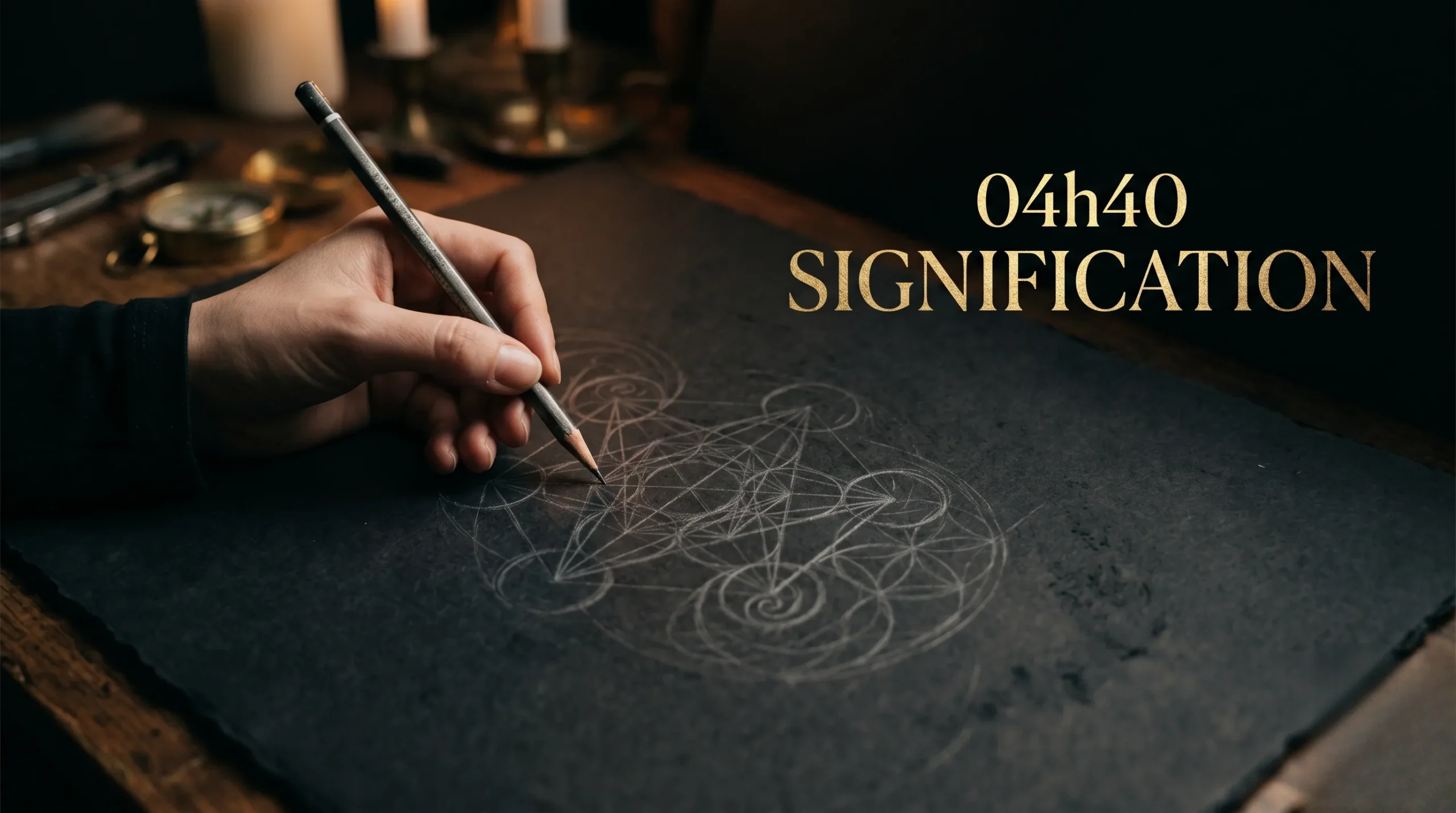 Une main dessinant de la géométrie sacrée avec une typographie élégante pour la signification de 04h40.