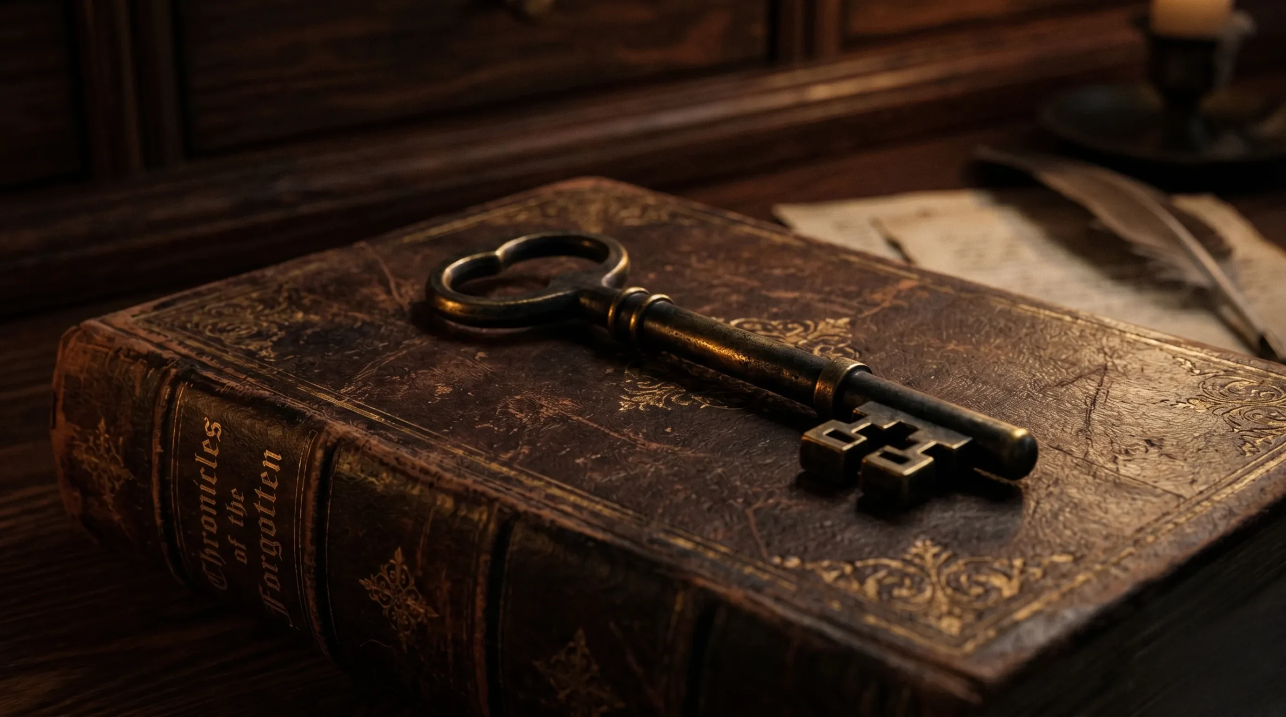 Clé ancienne posée sur un grimoire en cuir, symbolisant les secrets de l'avenir. 05h05 signification
