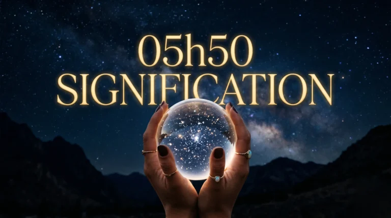 Une mise en scène éditoriale avec une sphère de cristal et du texte doré, dédiée à la signification de 05h50.