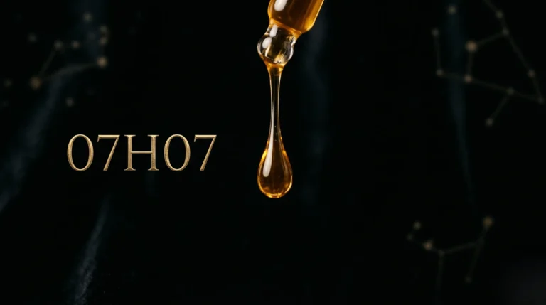 Une goutte d'huile essentielle en macro avec le titre 07h07 en typographie élégante.